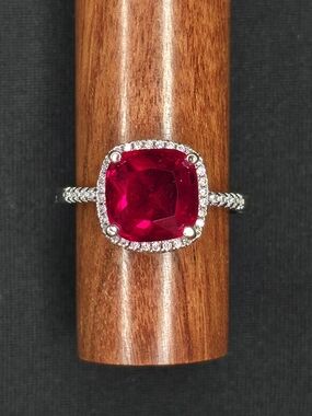 Source Unknown Lab Created Ruby Cushion Halo Statement Ring 925 Sterling Silver